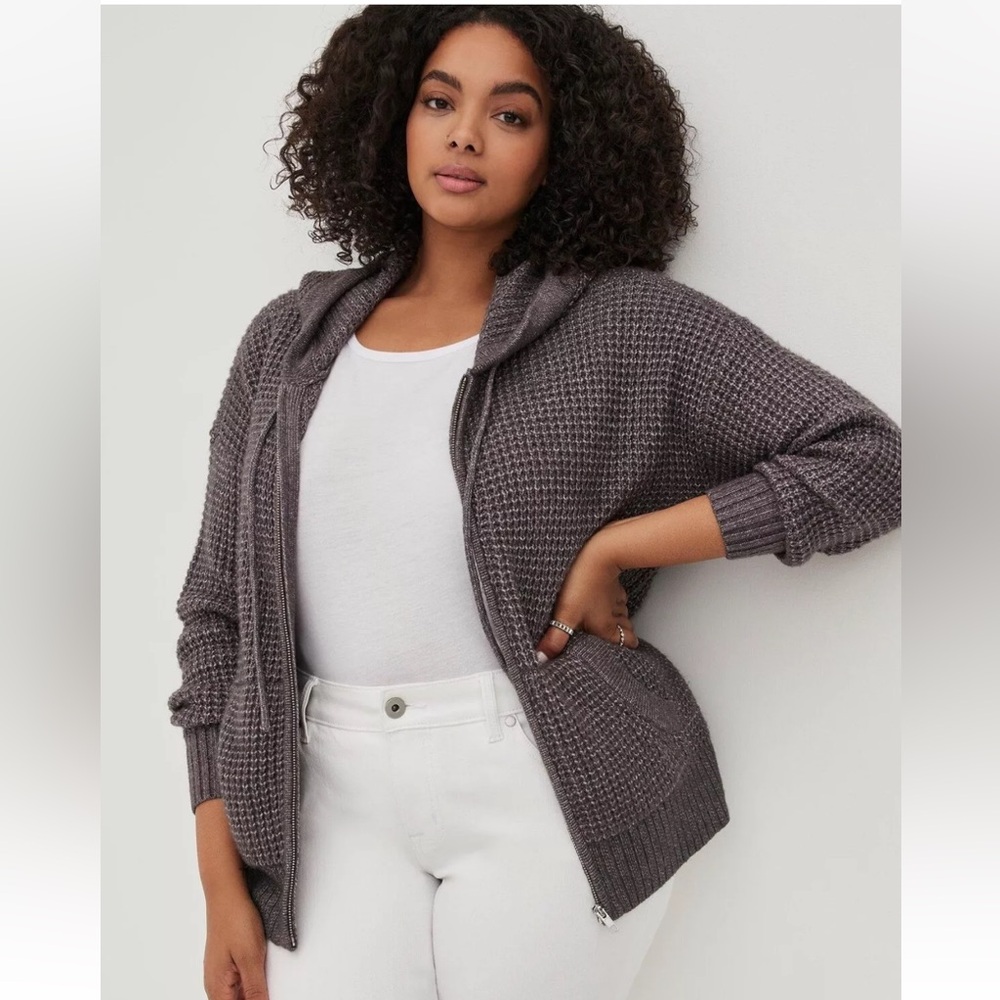 Torrid Women’s Waffle Full Zip Hooded Knit‎ Sweater Gray Size 2 Cozy Winter Soft